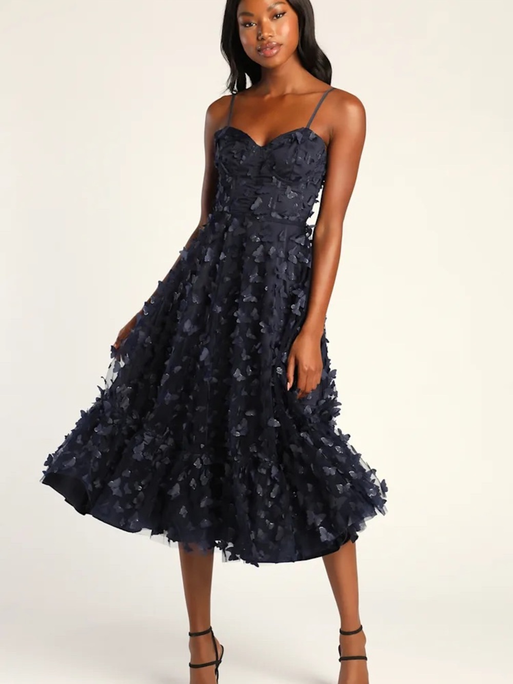 Lulu's Navy 3D Floral Midi Dress with Spaghetti Straps